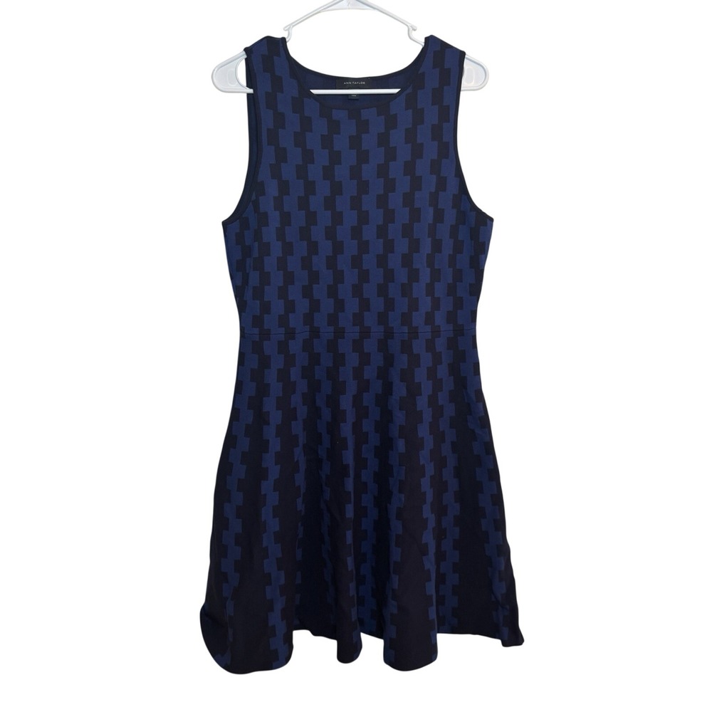 Ann Taylor Geometric Print Knit Sleeveless Fit And Flare Dress Large Navy Black